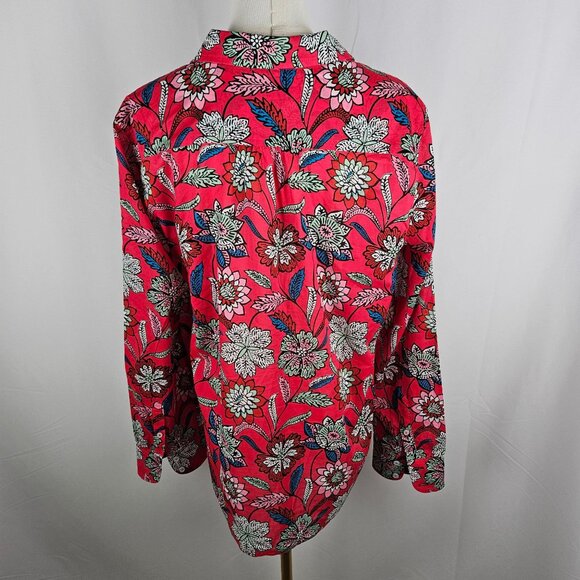 Talbots Floral Print Button-Up Blouse Large Long Sleeve Vibrant Pink Red - Picture 5 of 10